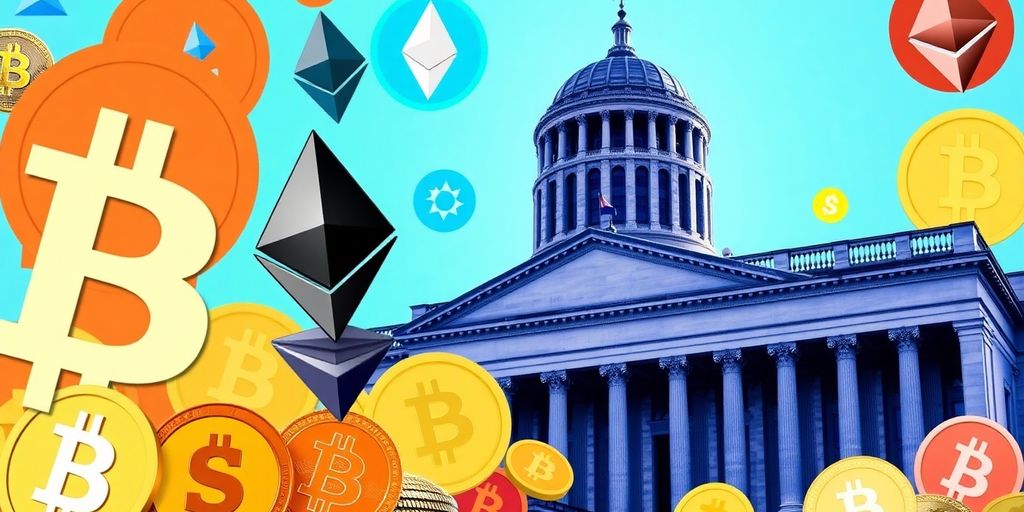 Collage of cryptocurrency symbols and SEC building.