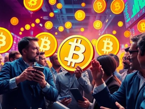 Traders discussing Bitcoin amid vibrant digital currency visuals.