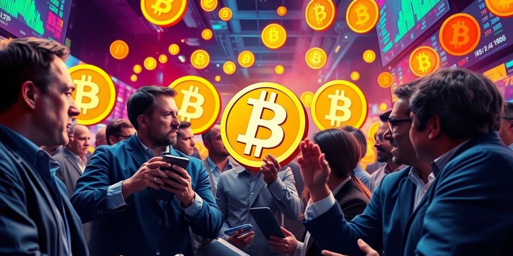 Traders discussing Bitcoin amid vibrant digital currency visuals.