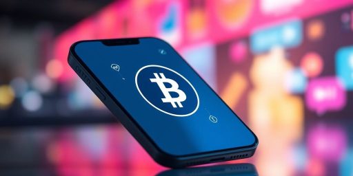 Smartphone with cryptocurrency logo and digital currency symbols.