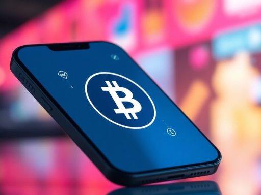 Smartphone with cryptocurrency logo and digital currency symbols.