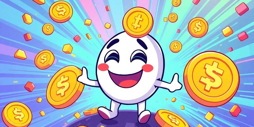 Colorful memecoin character with coins and cryptocurrency symbols.