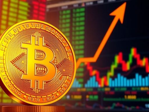 Golden Bitcoin coin with stock market backdrop.