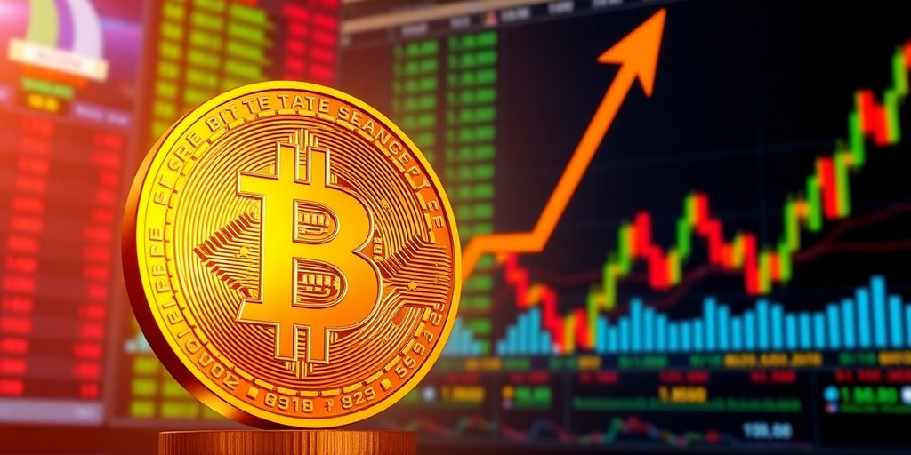 Golden Bitcoin coin with stock market backdrop.