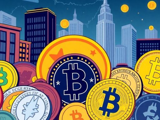 Illustration of cryptocurrency coins and financial district backdrop.