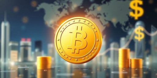 Digital stablecoin surrounded by global finance elements.