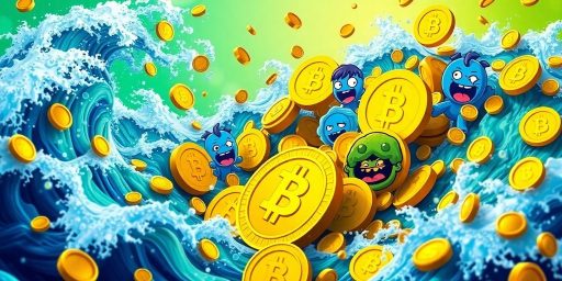Colorful meme coins in a dynamic digital landscape.