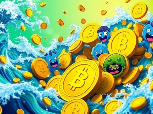 Colorful meme coins in a dynamic digital landscape.