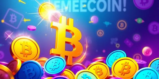 Colorful memecoins and bitcoin symbol in vibrant design.