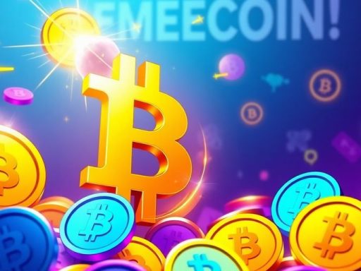 Colorful memecoins and bitcoin symbol in vibrant design.