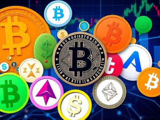 Collage of Bitcoin and altcoin logos against digital backdrop.