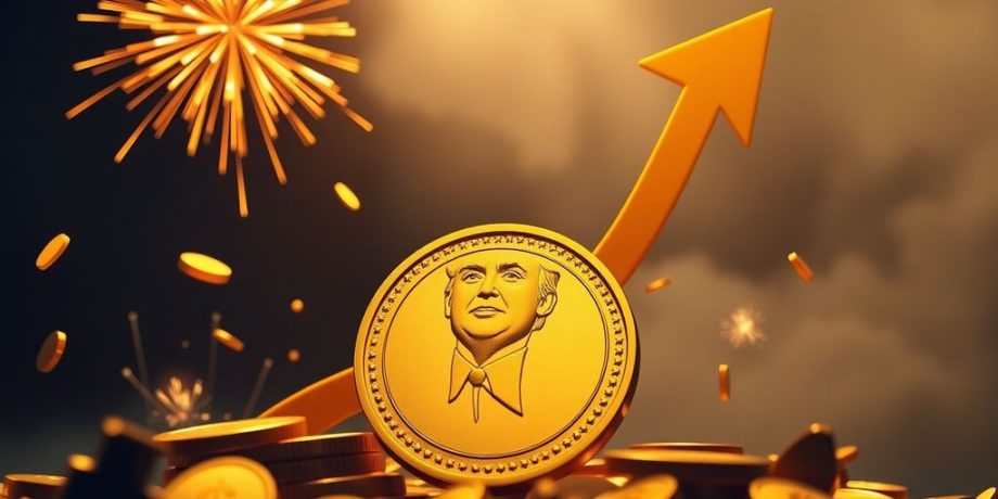 Golden Trump token with upward arrow and celebratory elements.