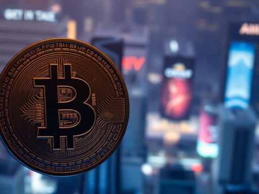 Digital currency coin with a cityscape background.