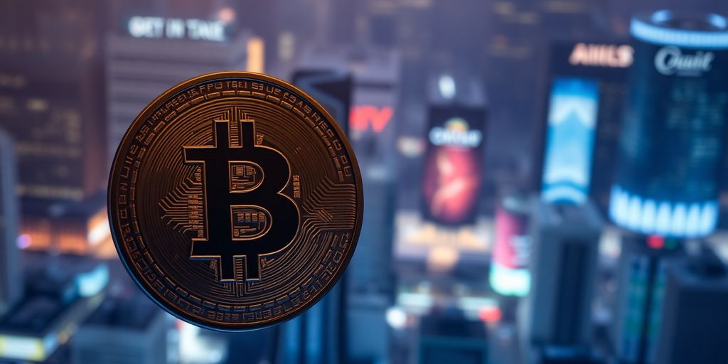 Digital currency coin with a cityscape background.