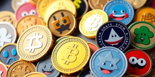 Colorful meme coins and playful designs in cryptocurrency market.