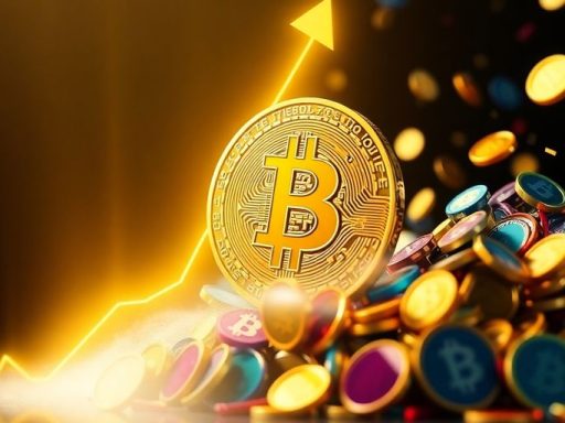 Golden Bitcoin rises above falling colorful meme coins.