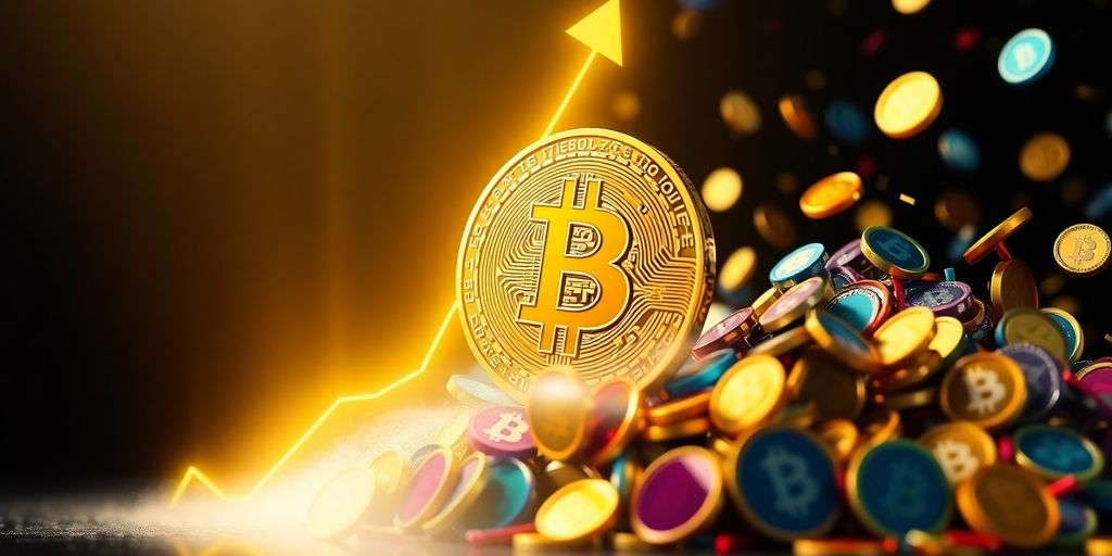 Golden Bitcoin rises above falling colorful meme coins.