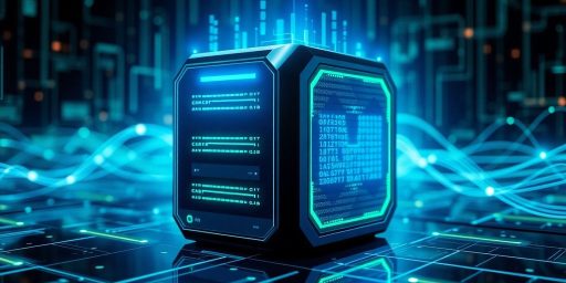 Futuristic data storage device with glowing digital elements.