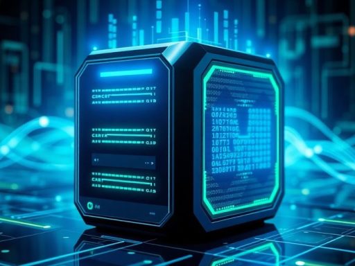 Futuristic data storage device with glowing digital elements.