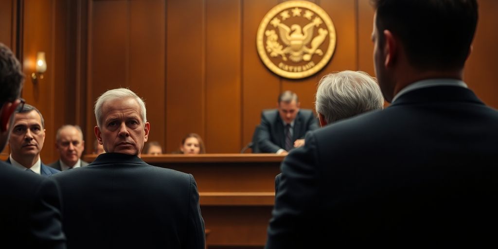Courtroom scene during sentencing of crypto scheme leaders.