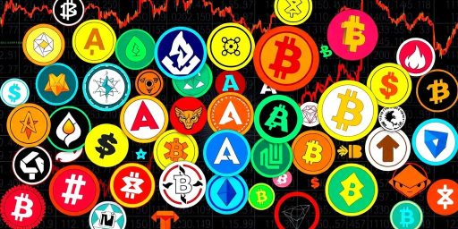 Colorful altcoin and memecoin logos on a dynamic background.