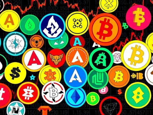 Colorful altcoin and memecoin logos on a dynamic background.