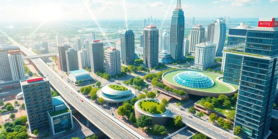 Futuristic city with smart infrastructure and lush green spaces.