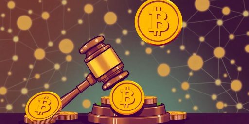 Gavel surrounded by cryptocurrency coins on a tech background.