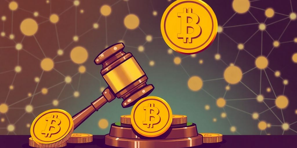 Gavel surrounded by cryptocurrency coins on a tech background.