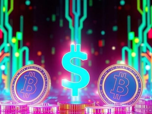 Digital tokens on a vibrant high-tech background.