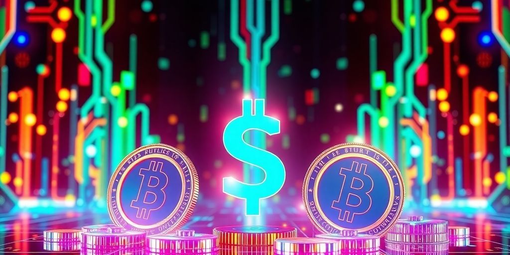Digital tokens on a vibrant high-tech background.