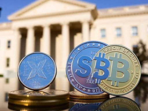 Close-up of XRP and Dogecoin coins on reflective surface.