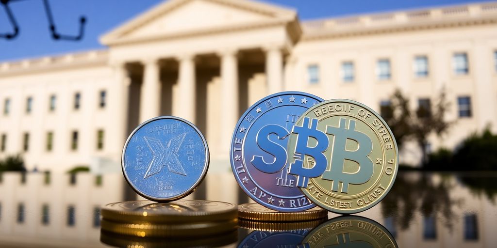 Close-up of XRP and Dogecoin coins on reflective surface.