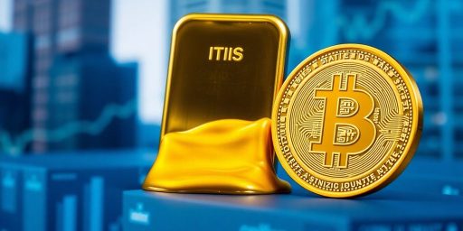 Gold bar melting into a digital cryptocurrency coin.
