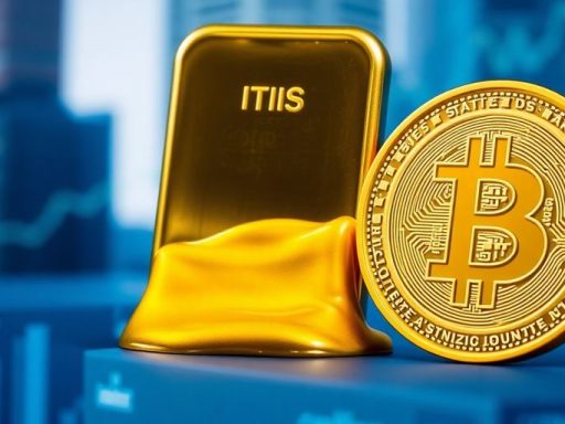 Gold bar melting into a digital cryptocurrency coin.