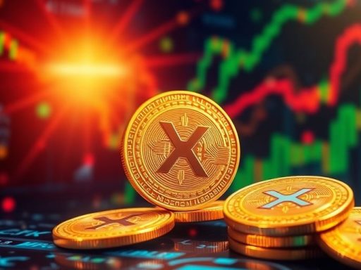 XRP coins glowing in a vibrant digital finance setting.