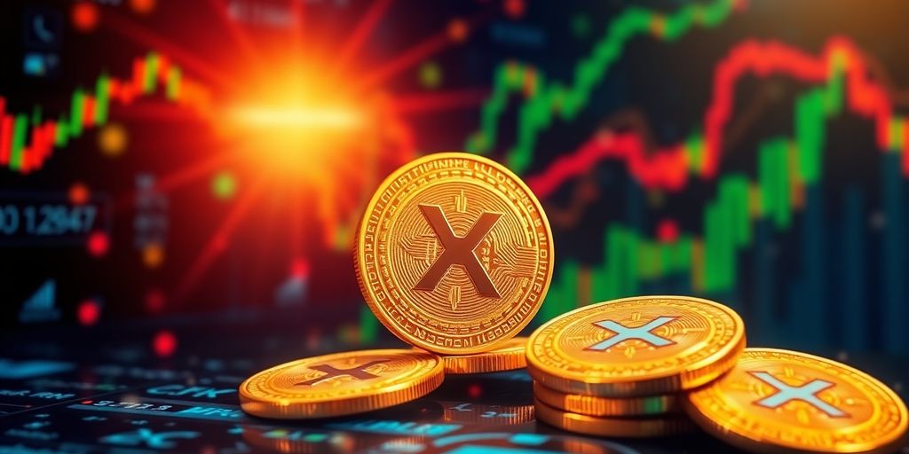 XRP coins glowing in a vibrant digital finance setting.