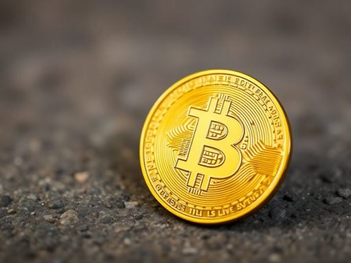 Golden Bitcoin against a blurred, textured background.