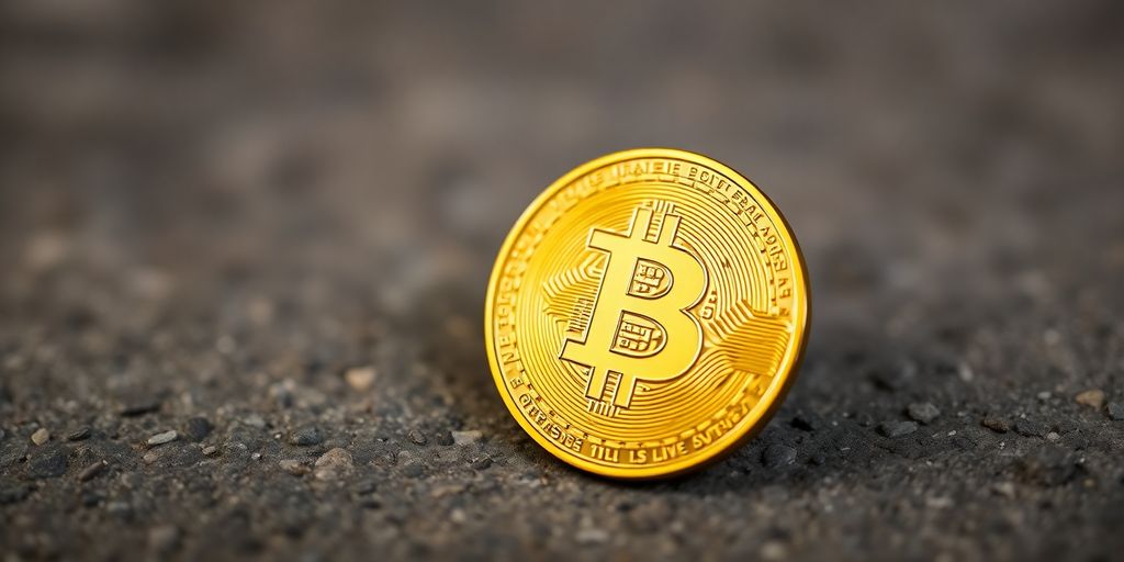 Golden Bitcoin against a blurred, textured background.