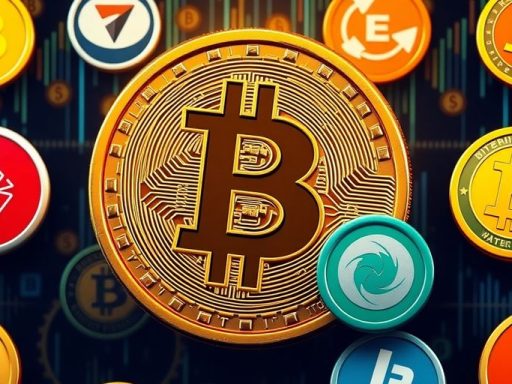 Bitcoin logo with fading altcoins in a digital backdrop.