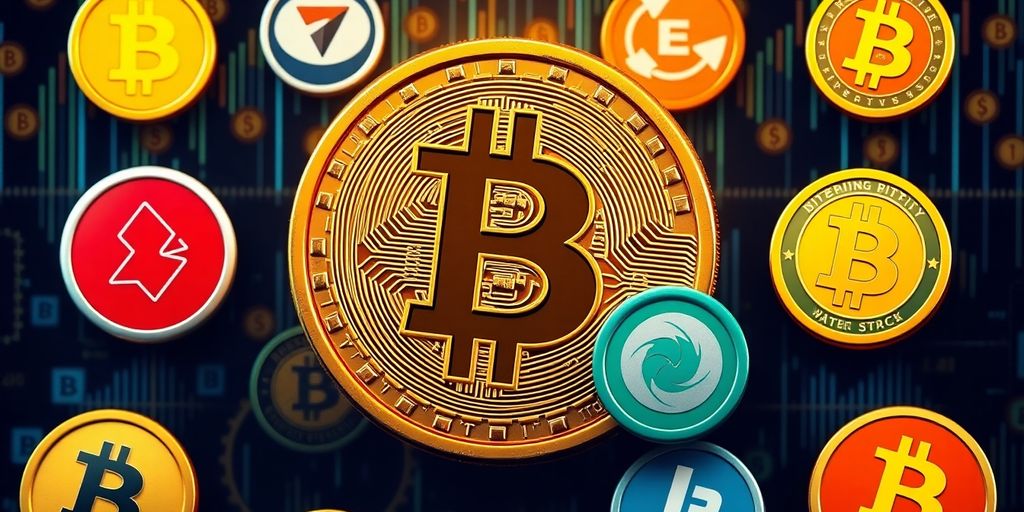 Bitcoin logo with fading altcoins in a digital backdrop.