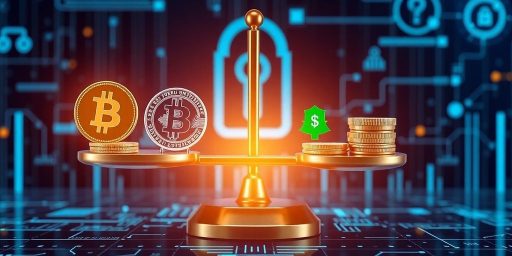 Digital scale balancing crypto and regulatory symbols in a secure setting.