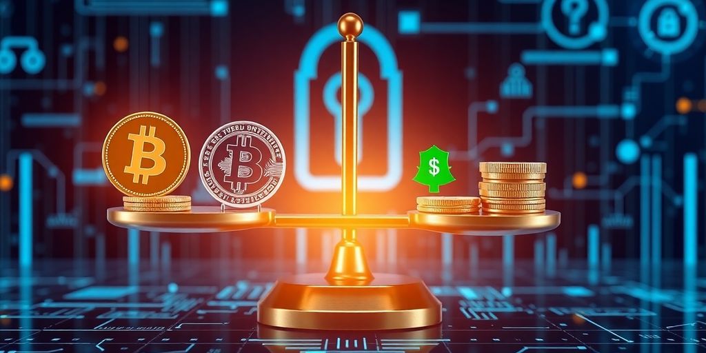 Digital scale balancing crypto and regulatory symbols in a secure setting.