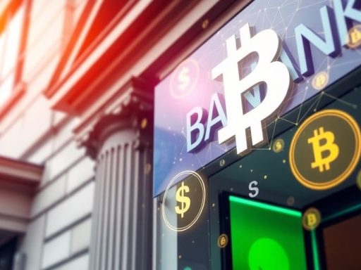 Bank building with digital crypto symbols overlay.