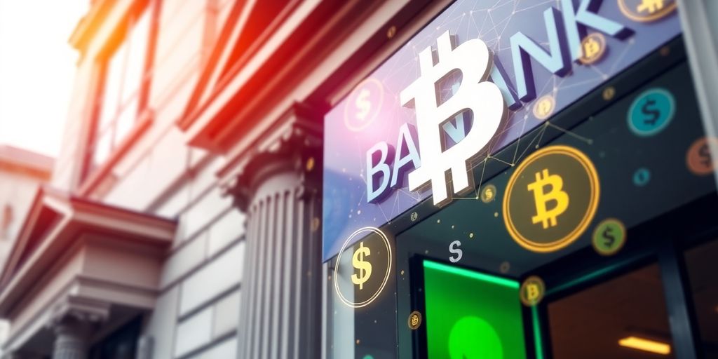 Bank building with digital crypto symbols overlay.