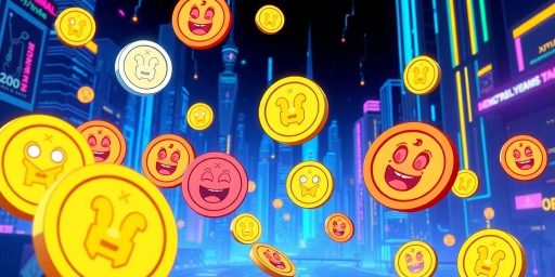 Colorful memecoins in a digital cityscape environment.