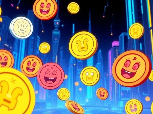 Colorful memecoins in a digital cityscape environment.