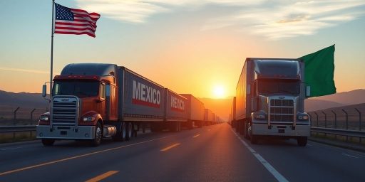 Trucks crossing U.S.-Mexico border with national flags.