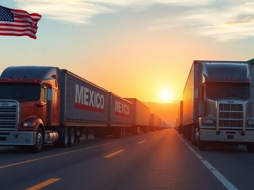Trucks crossing U.S.-Mexico border with national flags.