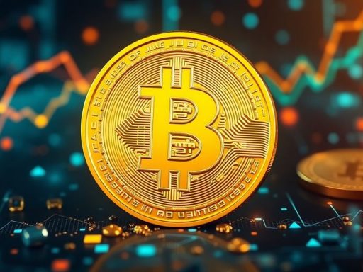 Bitcoin coin with dynamic blockchain patterns in background.